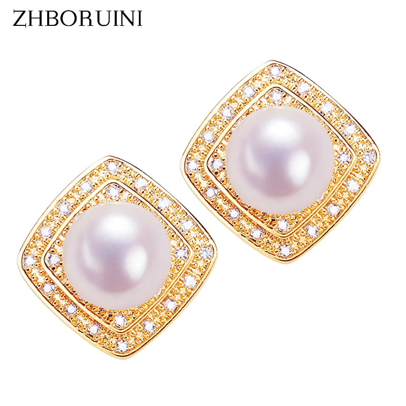 ZHBORUINI 2024 New Square Retro Stud Earring Real Natural Pearl 14k Gold Gilled Pearl Earrings For Women Wedding Party Jewelry