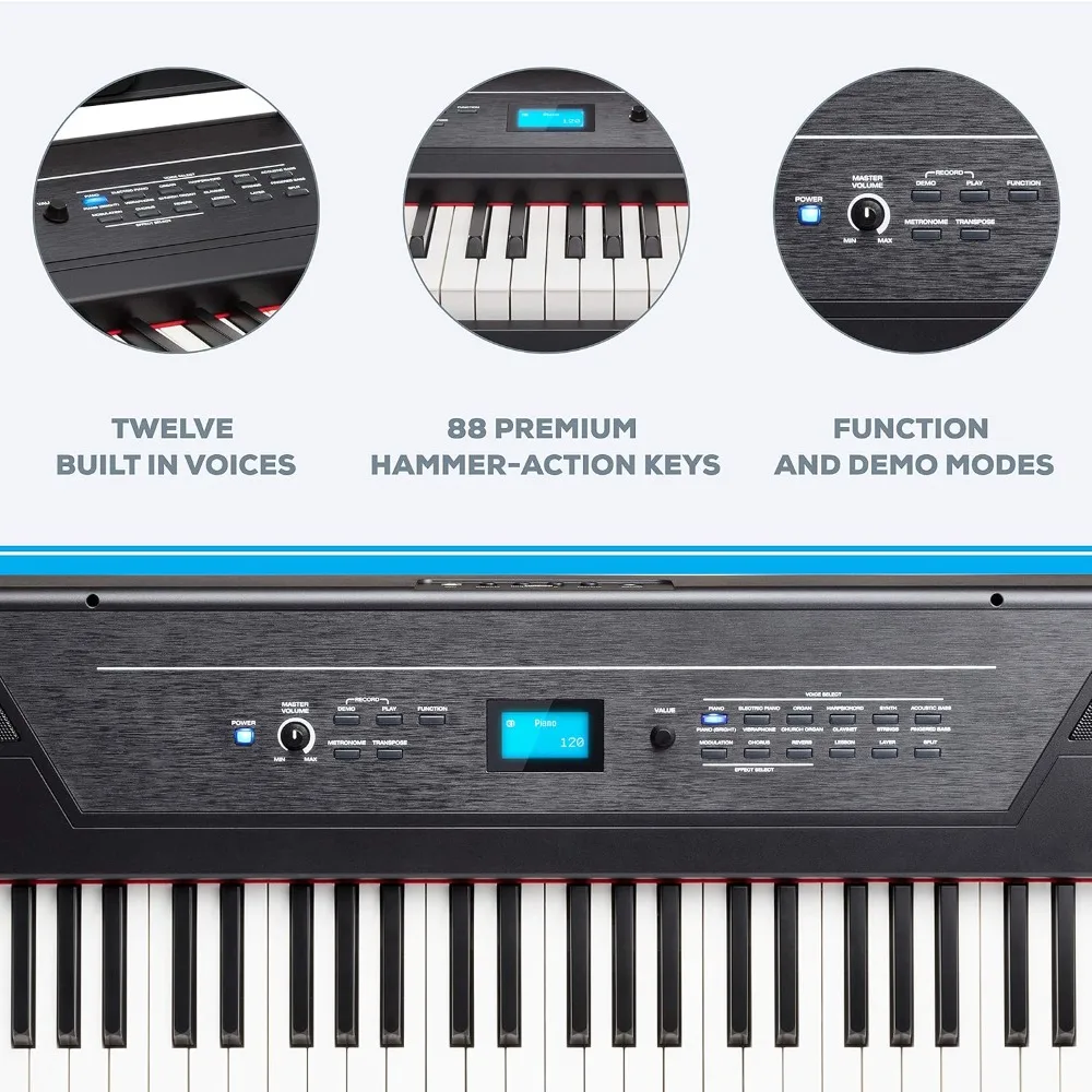 88 Key Digital Piano Keyboard with Hammer Action Weighted Keys, 2x20W Speakers, 12Voices, Record and Lesson Mode, FX and Display