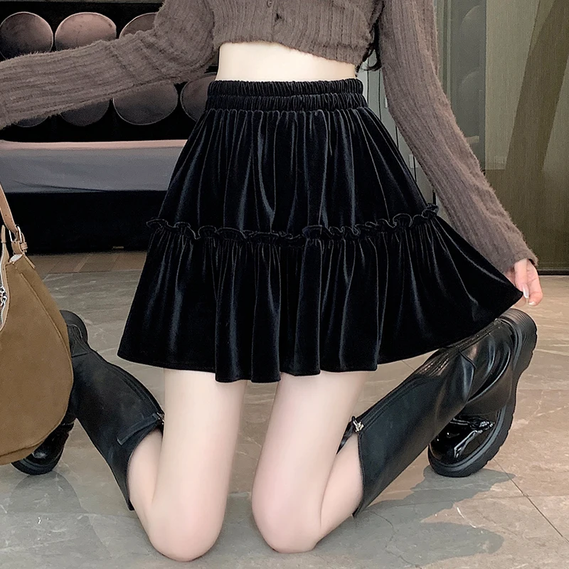 

Y2K Black Gold Velvet Skirt Women Sweet Fluffy Fairy High Waist Slimming Half Skirt Autumn Winter