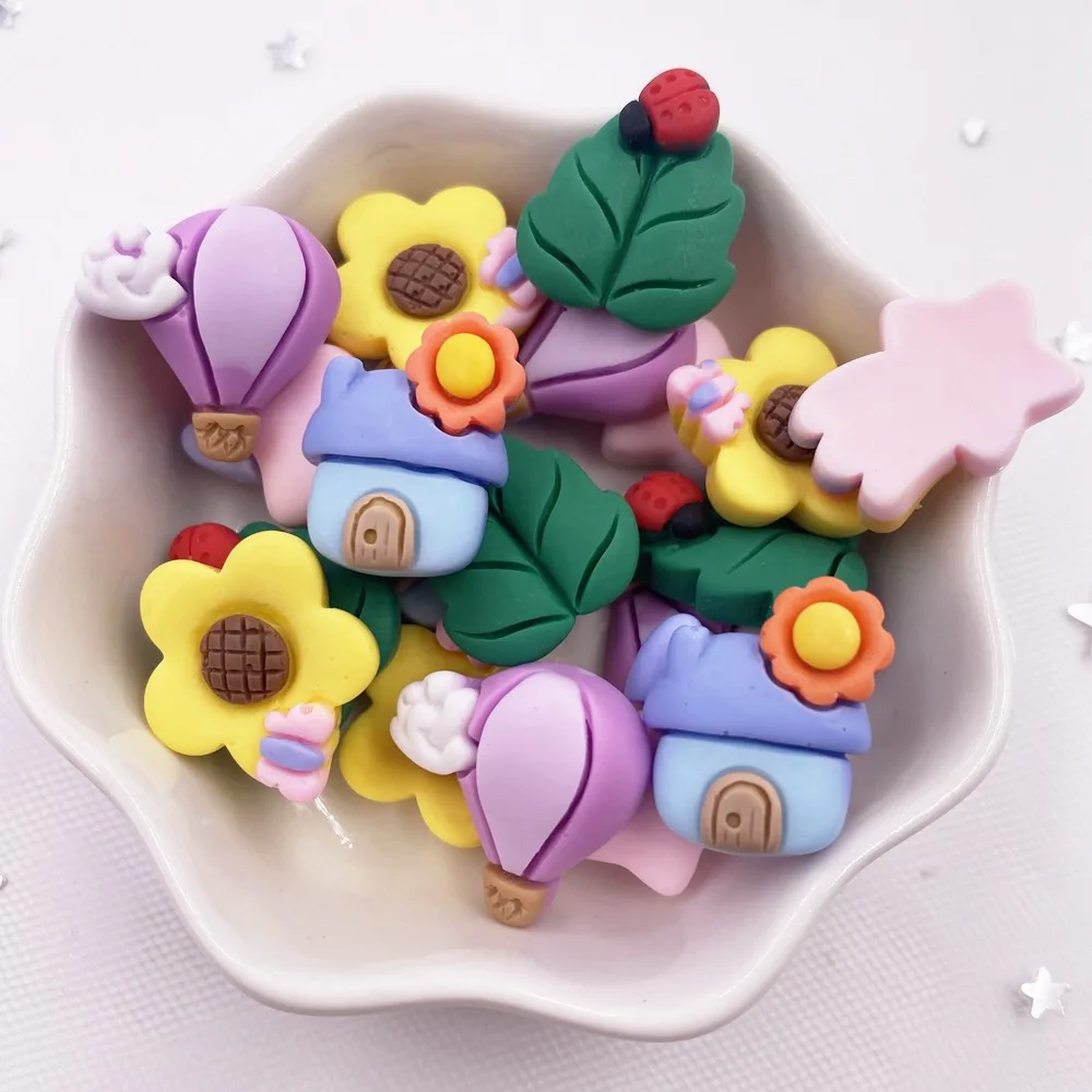 20Pcs Resin Colorful Kawaii Hot Air Balloon Flower House Flatback Cabochon Stone Figurines Home Decor DIY Scrapbook Crafts