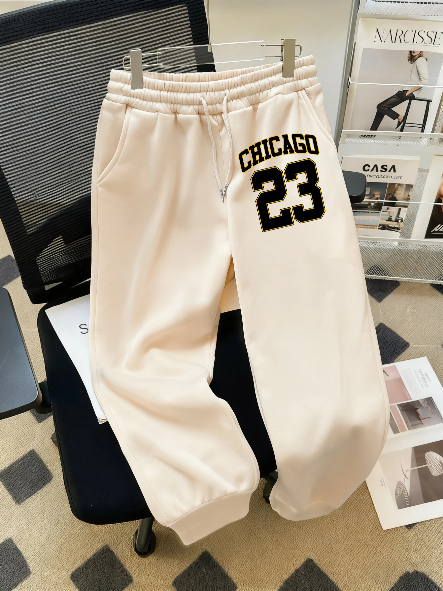 شيكاغو عدد 23 طباعة المرأة الشارع مرونة الخصر Sweatpants الشتاء الخريف جيب سراويل للجري عادية الصوف بنطلون للجنسين