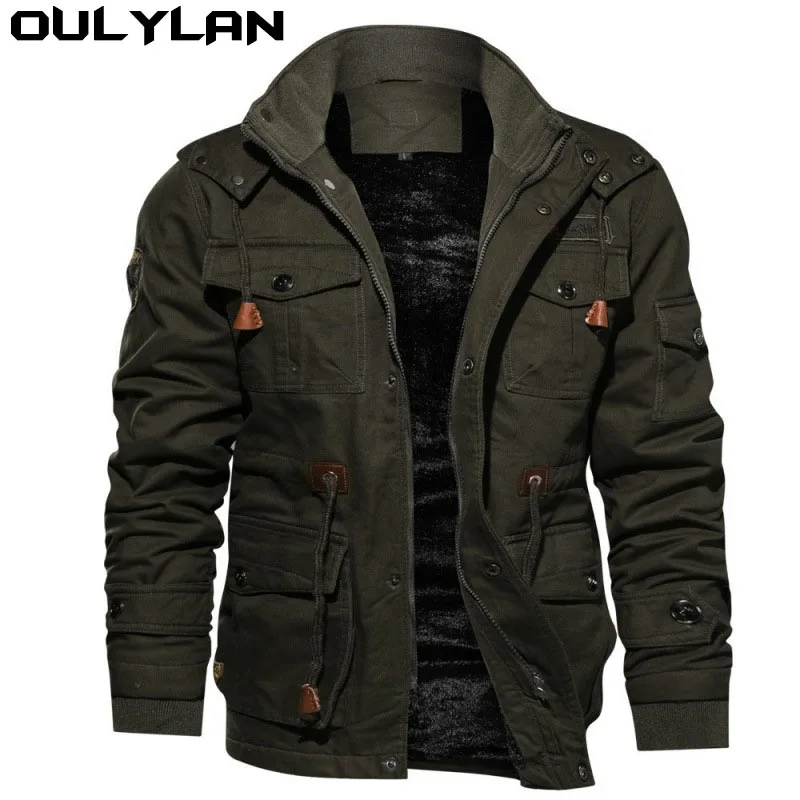 Oulylan Cotton Medium Long Work Clothes Male Bomber Tactical Coats Men Jackets Plush Thickened Hooded Zipper Warm Solid Color