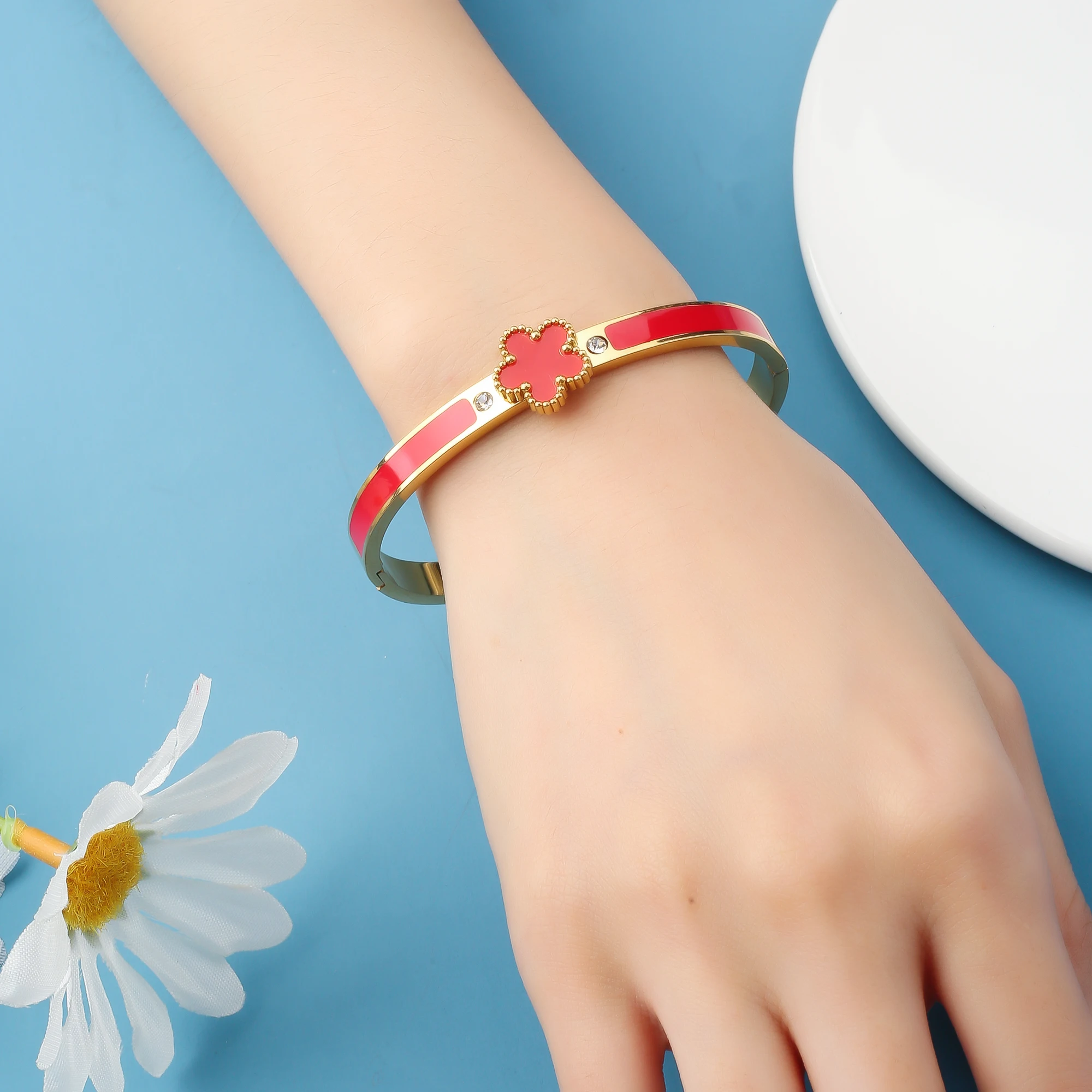 Luxury Five Leaf Flower Open Bangle, Classic Enamel Design