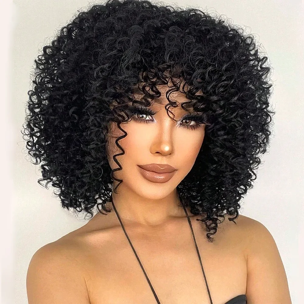 Wig Bob keriting pendek dengan poni, rambut palsu manusia tanpa lem Wig rambut keriting Brasil untuk wanita kepadatan 180%