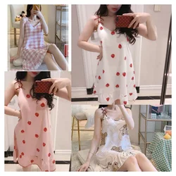 Gilrs Summer Suspenders One Piece  Slip Dress With Eyeshade And Brassiere Bow Cartoon Bear  Plaid Pajamas Thin Short Loose