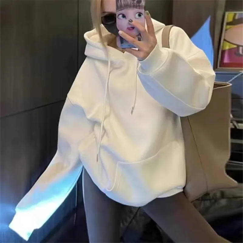 الرجعية الأمريكية بلون العصرية الأبيض هوديي المرأة الخريف الشتاء فضفاض كسول نمط الصوف مبطن سميكة تنوعا سترة #1