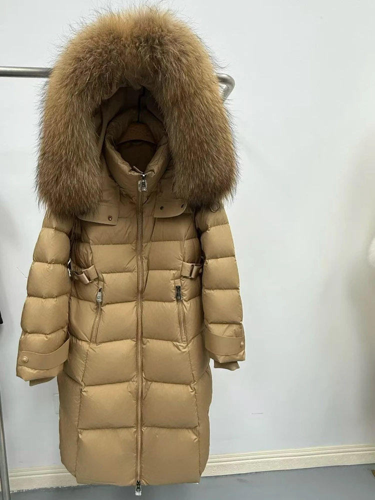 Chaqueta de plumón para mujer, chaqueta acolchada larga de invierno con capucha, cálida y gruesa, piel de mapache auténtica, chaqueta de plumas de ganso blanca, Parkas impermeables