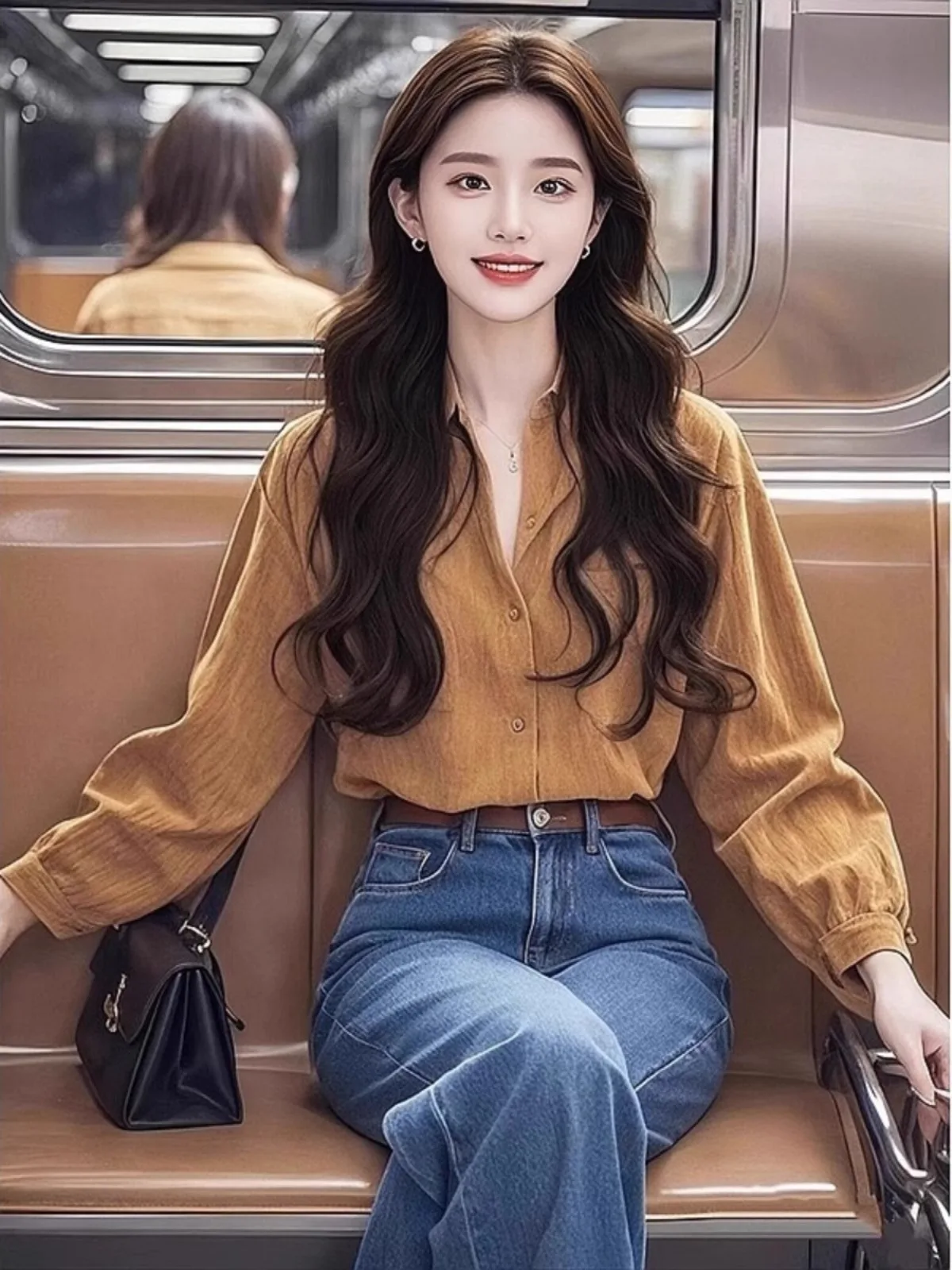 

Карамельно-коричневый топ-накидка с красивым дизайном, модный, свободного кроя, с длинными рукавами, воротником, однотонный, осенний.