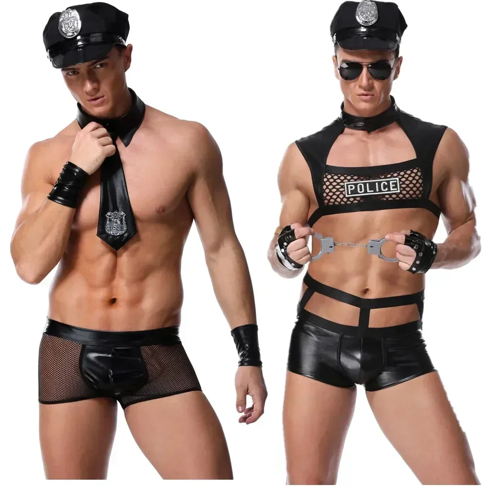 Intimo maschile sexy Uomo Uniformi erotiche Polizia Gioco di ruolo Costumi porno Vestito da discoteca Marito Data Set di lingerie