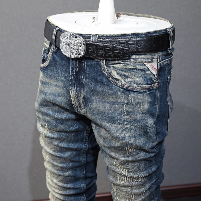 Fashion Designer Men Jeans High Quality Retro Washed Blue Elastic Slim Fit Ripped Jeans Men Vintage Casual Denim Pants Hombre