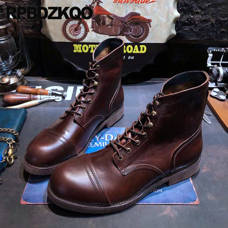 Military Goodyear Welted Boots Durable Lace Up Brown Ankle Wide Toe Shoes Men Combat Full Grain Leather Large Size Army Flats