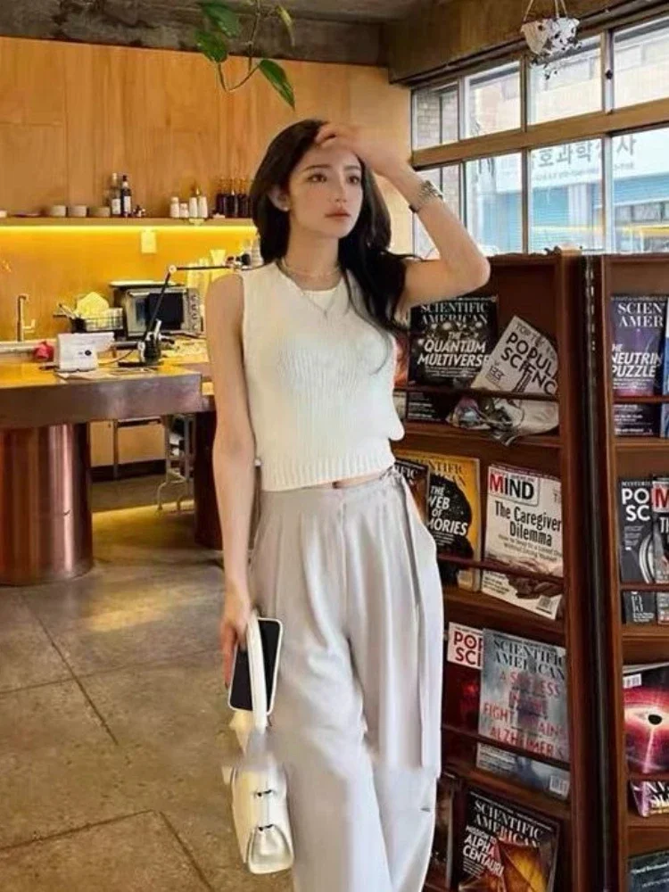 Korean Ins Chic Fashion Backless Knitted Vest Women Hollow Out Sexy Slim Tank Top 2024 Summer Fairy Y2k Aesthetic Cropped Tees