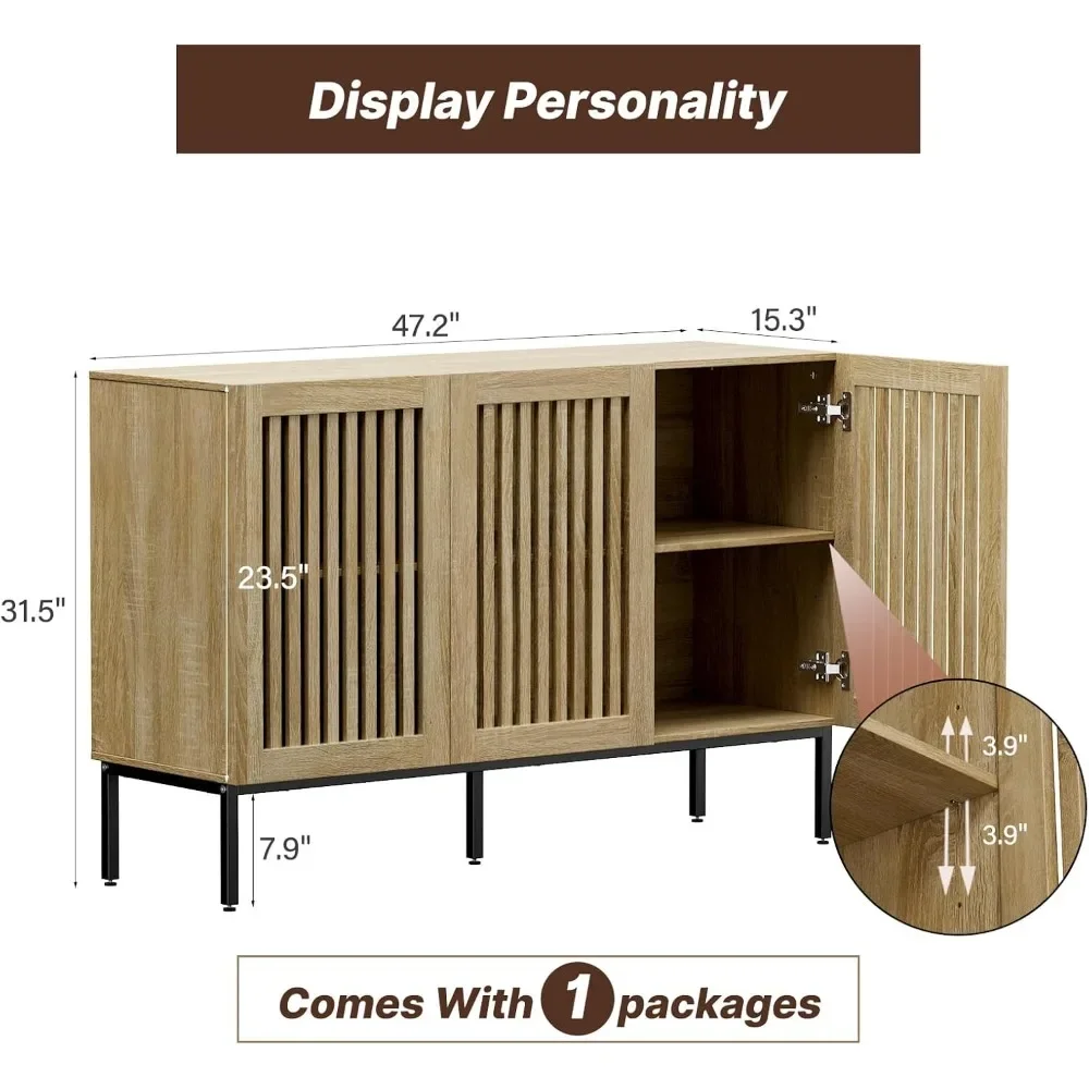 Buffet Cabinet with Storage, Farmhouse Console Table with Metal Base and Adjustable Shelves