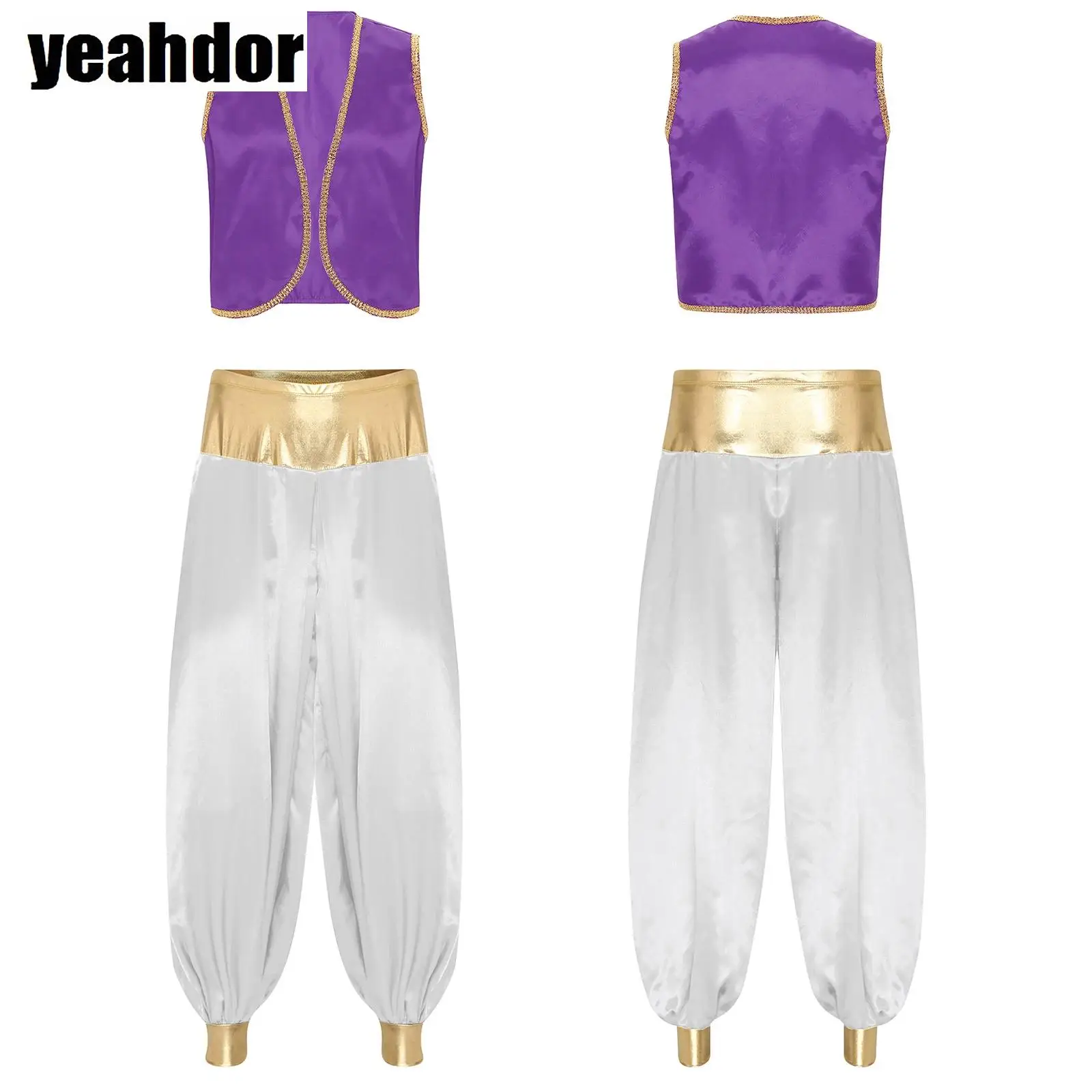 

Arab Prince Costume Arabian Prince Stain Vest Shiny Waistcoat Top with Harem Pants Suit for Halloween Indian Arabian Dress Up