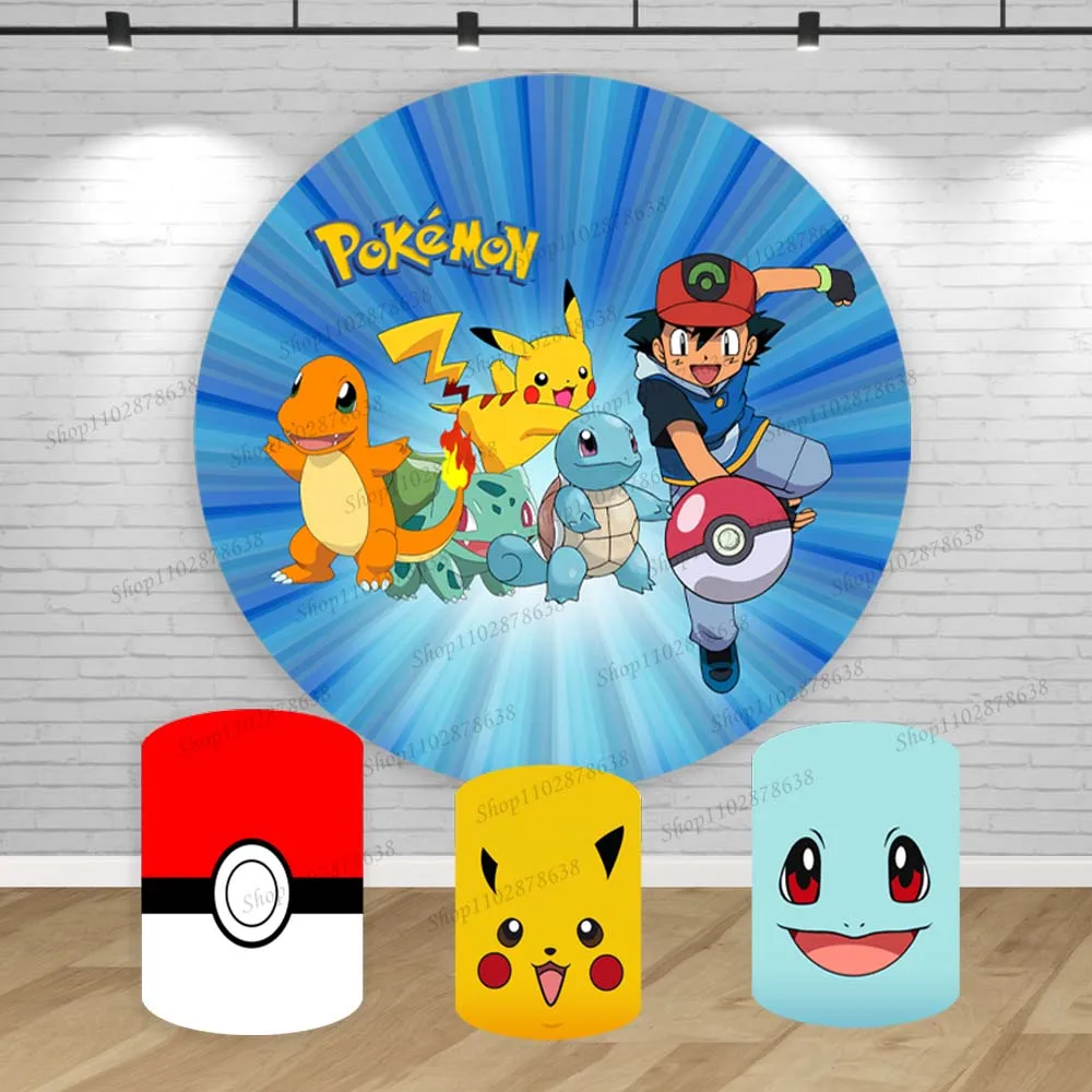 

Pokemon Birthday Round Backdrops Covers Decor Kids Boys Party Background Pocket Monster Pikachu Cylinder Elastic Baby Shower