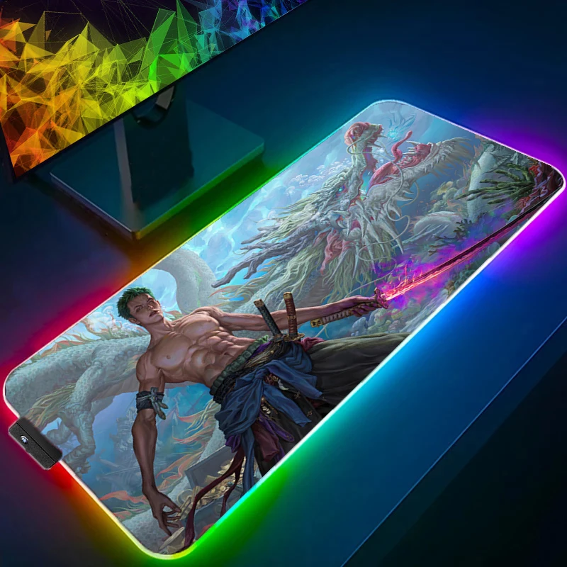 

ONE PIECE Zoro RGB Mouse Pad Game Rubber Backlight Pc Keyboard Laptop Computer Speed LED Desk Mat Gaming Acessories big Mousepad