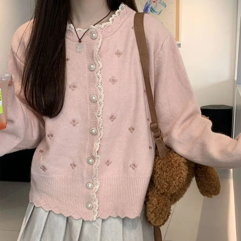 

Women's Lace Trim Knit Cardigan, Sweet Floral Embroidery Sweater with Pearl Buttons, Soft Crewneck Long Sleeve Jacket