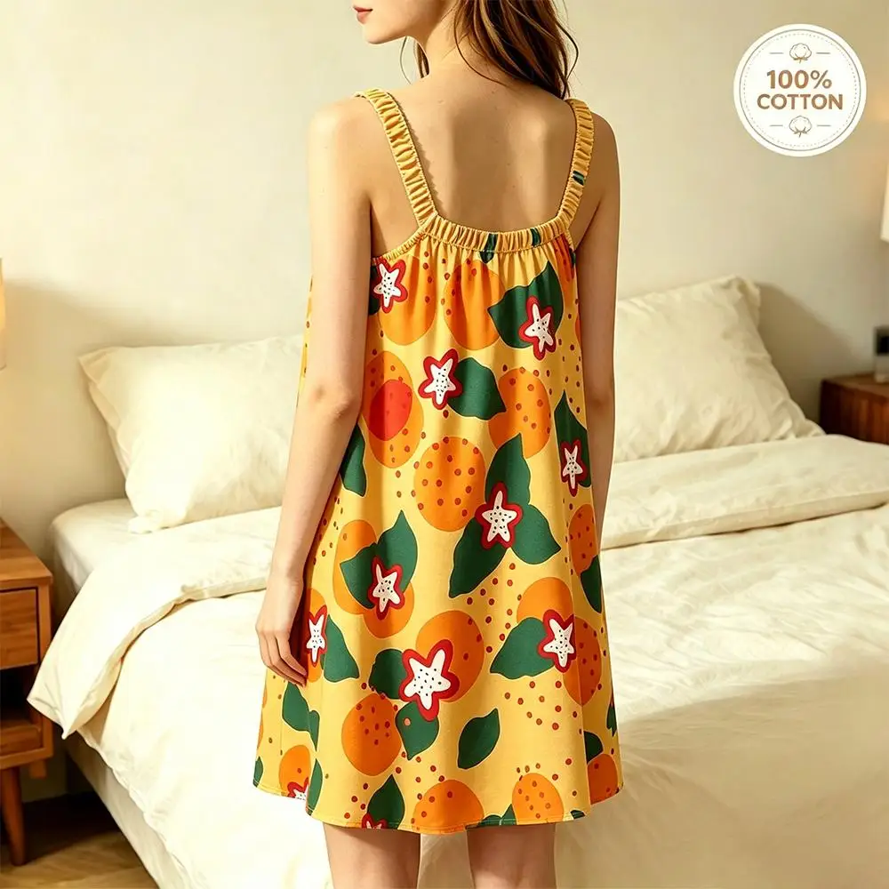 Women 100% Cotton Sleeveless Nightgown Summer Floral Print Slip Night Dress Ladies Soft Skin-Friendly Casual Loungewear Pajamas