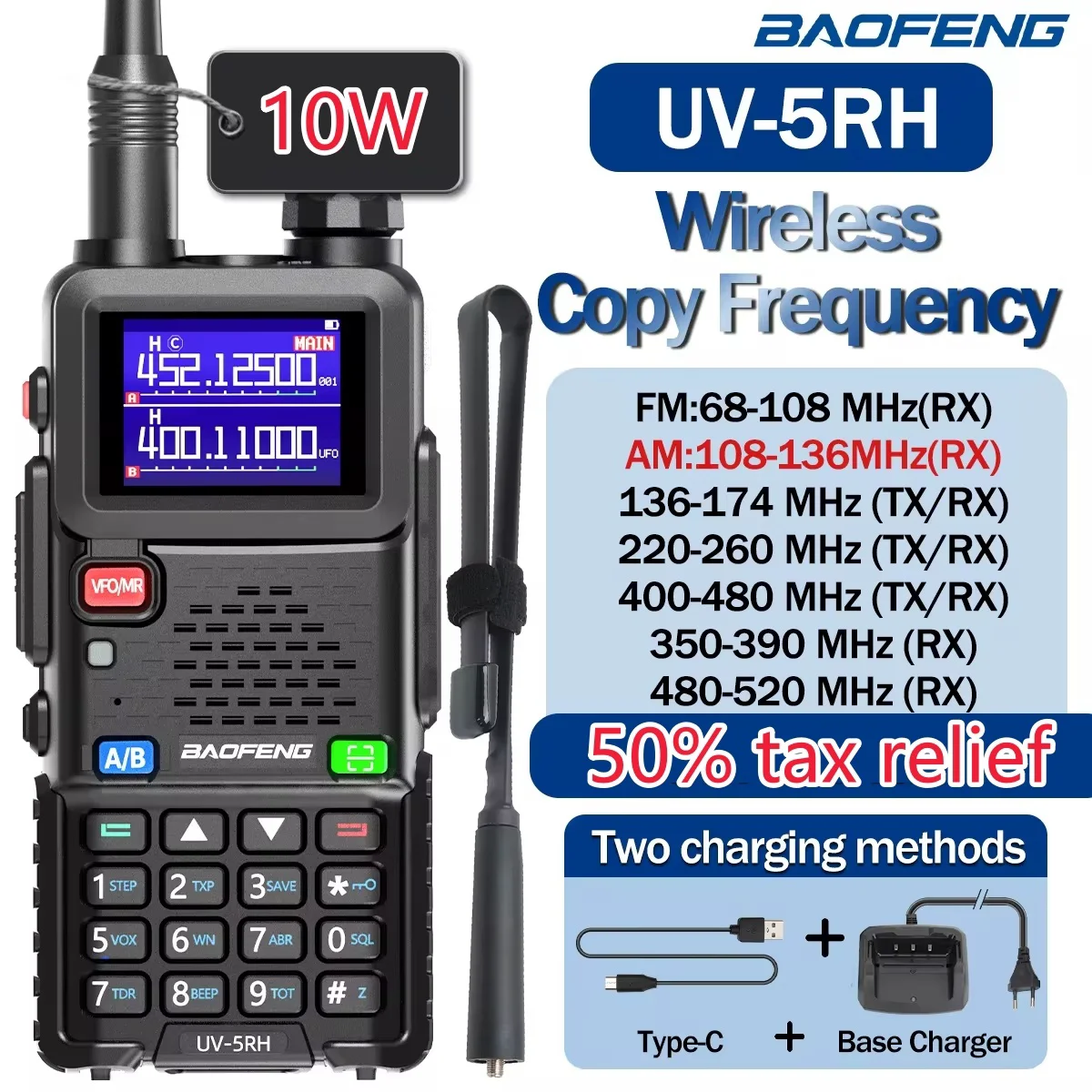Baofeng 5Rm 10W Multi Band Handheld Walkie Talkie Am Aviation Band 2500Mah 999Ch Type-C For Uv-5R Two Way Radio