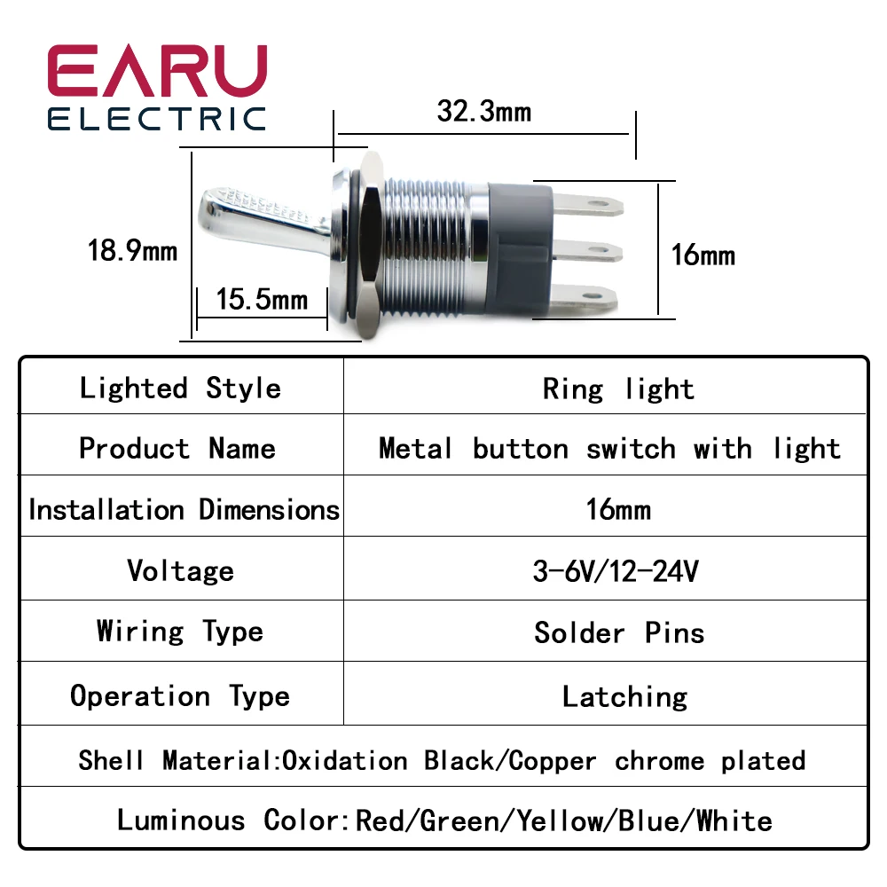 16mm 10A ON-OFF Slide Power High Current Metal Toggle Switch Waterproof Push Button 2 Positions 1NO1NC Illuminated Led Red Green