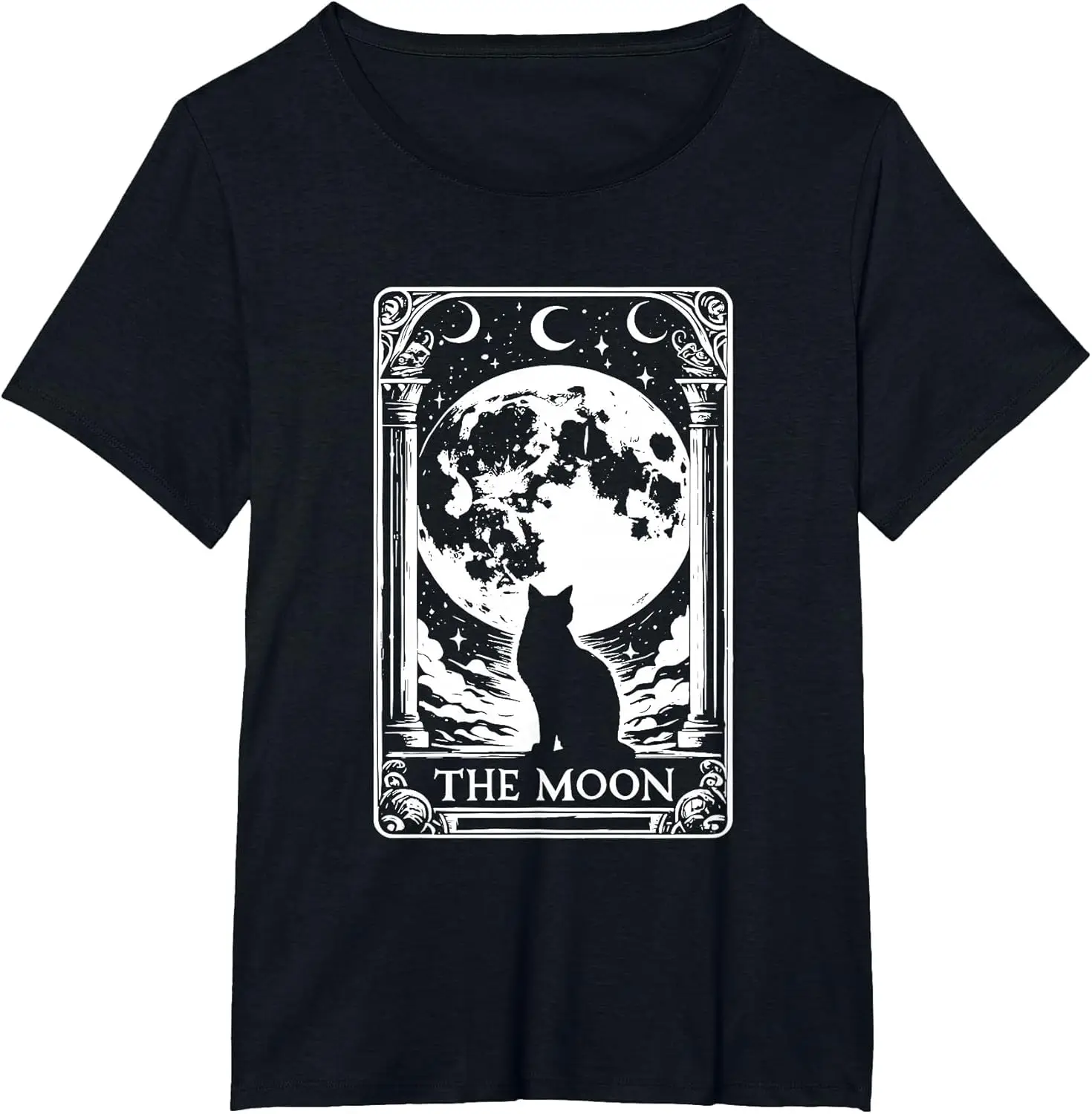 Witchy Cat Vintage Halloween Gothic The Moon Tarot Card T-Shirt 100% Cotton Trendy Y2K Short-Sleeve Tee-Soft, Quick-Drying,