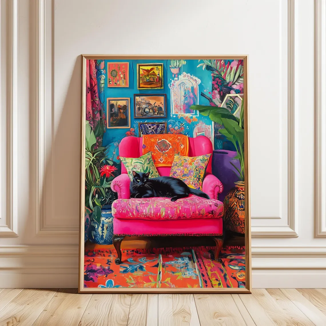 Boho-Katzen-Kunstdruck, Maximalistische Wanddekoration, Farbenfrohe Wohnzimmerkunst, Schwarze Katzen-Malerei, Eklektische Galerie-Wand, Lebendige Heimdekoration