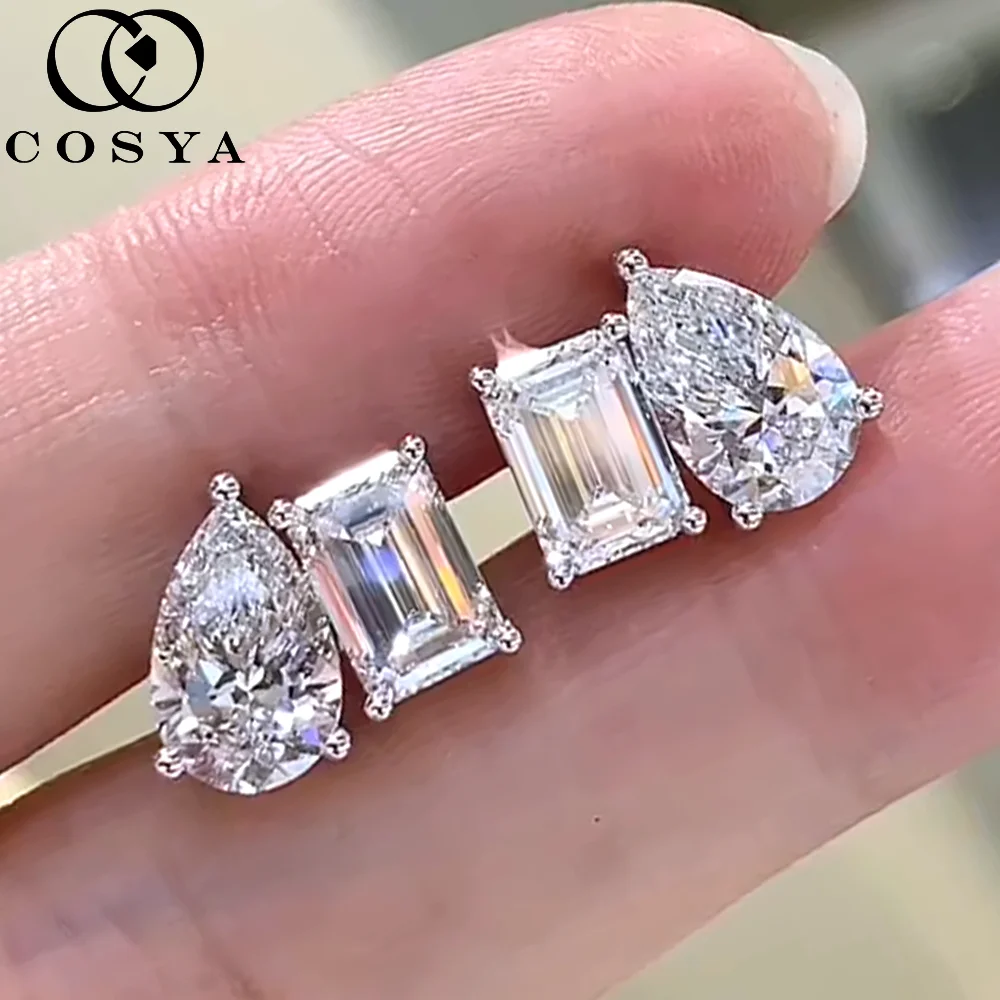 

Серьги-гвоздики COSYA с двумя камнями из муассанита 4 карата, для женщин, 100% серебро S925, грушевидная/изумрудная огранка, двойной бриллиант, свадебные ювелирные изделия