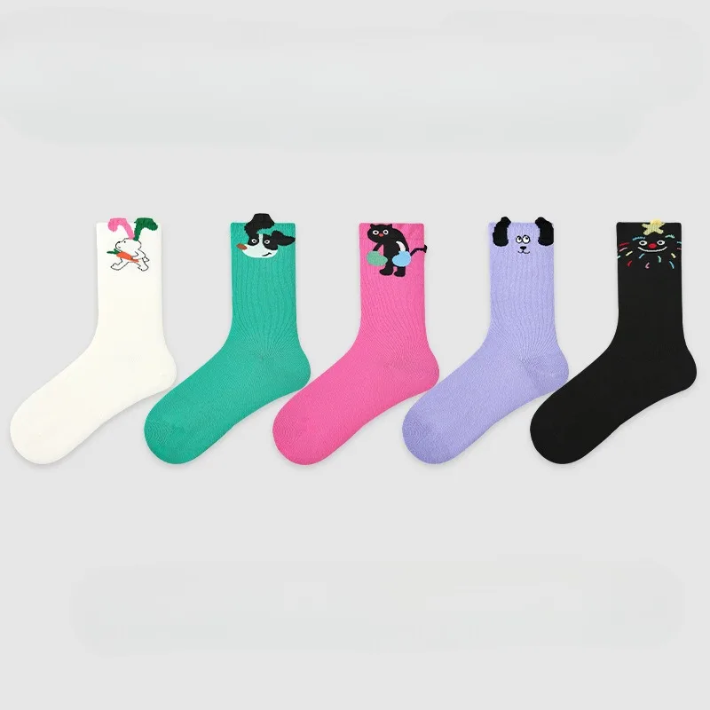 【5 Pairs】Medium Tube Socks Women's Spring and Summer Three-dimensional Animal Pattern Solid Color Cartoon Combed Cotton