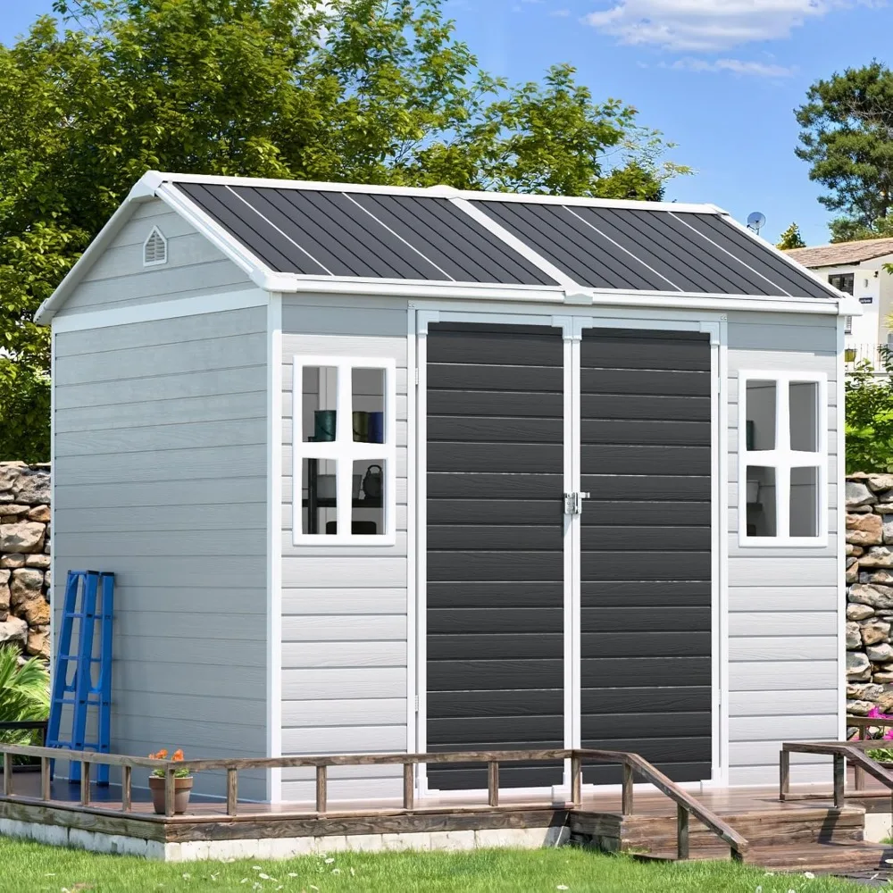 

8x6 FT Resin Storage Shed, Waterproof Large Outdoor Sheds with Floor & Lockable Door & 2 Windows, Plastic Tool Shed for Outside
