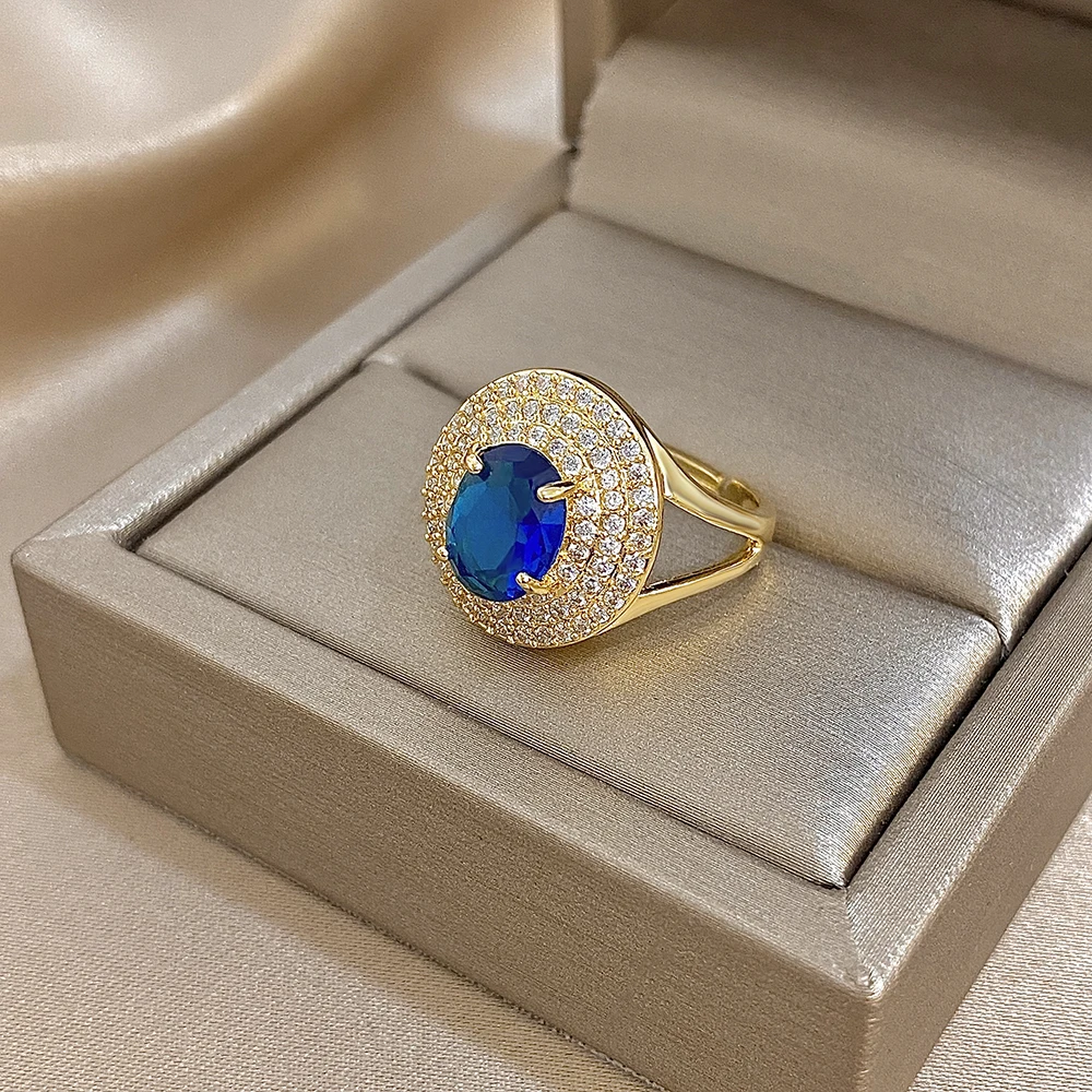 

DODOHAO Luxury Blue Zircon Gold Plated Rings For Women Retro Sparkling Rhinestones Adjustable Knuckle Ring Wedding Bride Jewelry