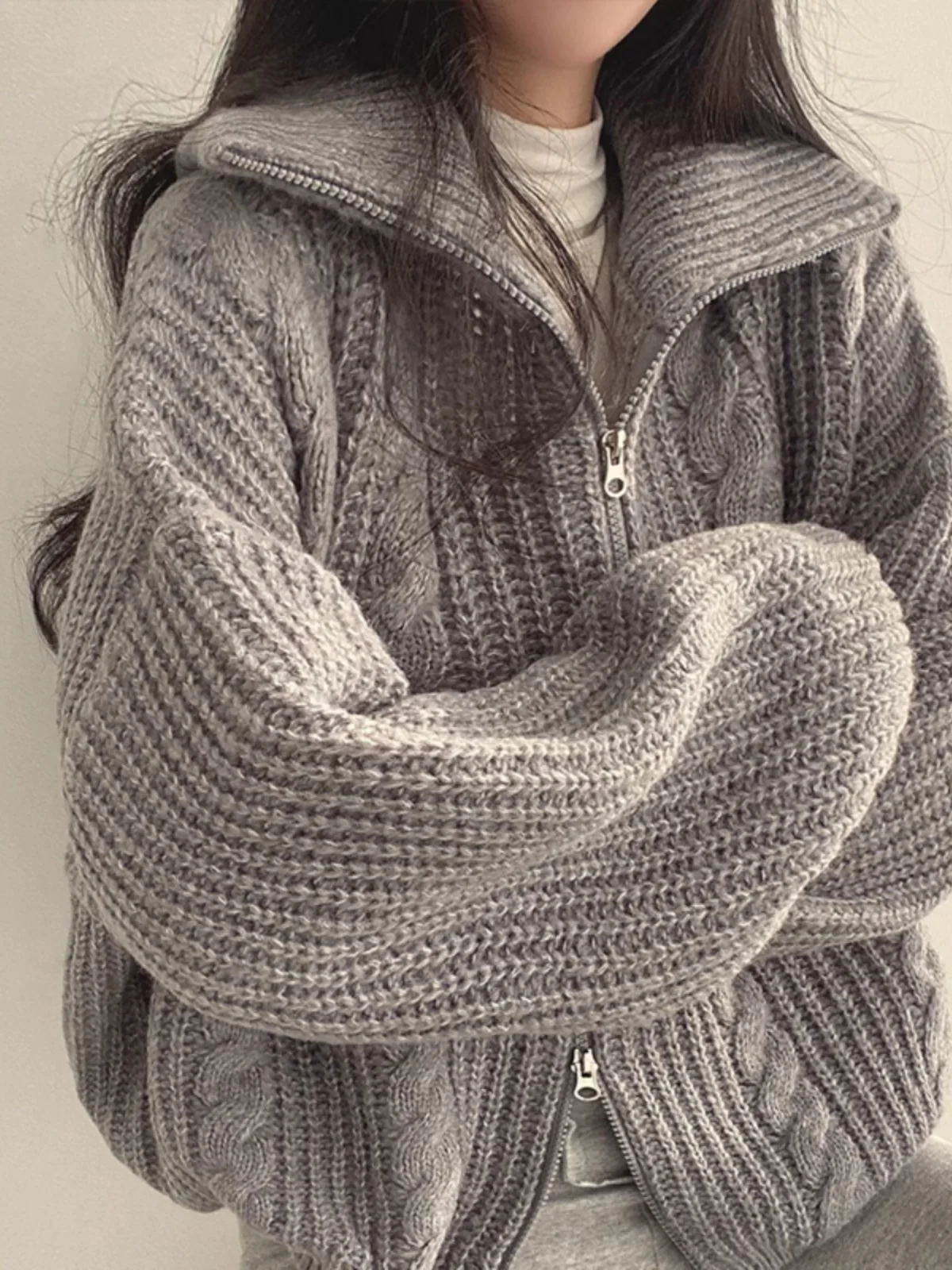 Suéter de Punto para Mujer, Cuello Alto, Manga Larga, Estilo Casual Coreano Retro, Diseño Trenzado, Cálido y Moderno para Inv...