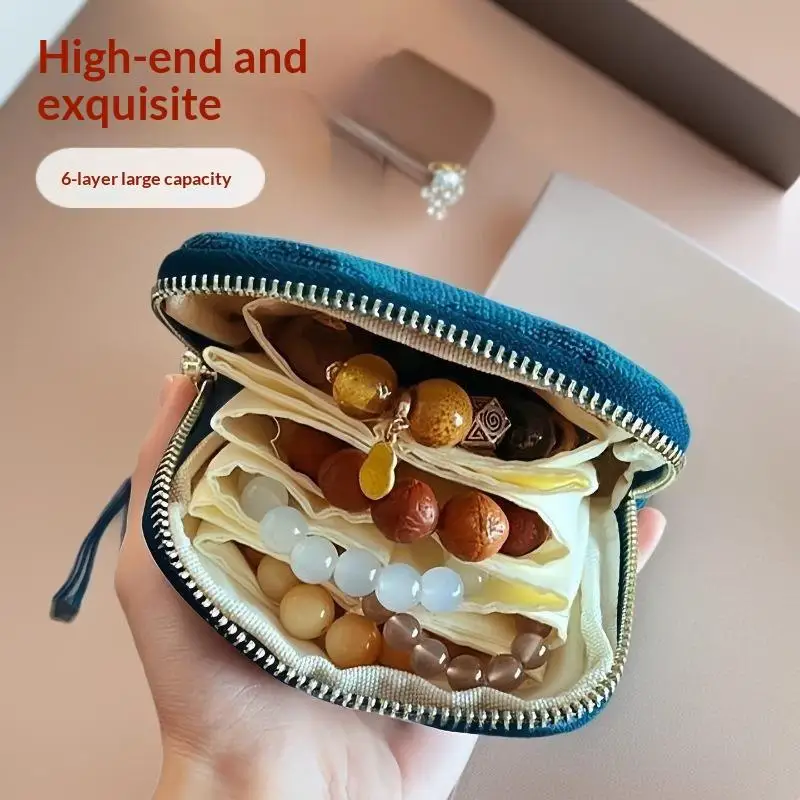 Tragbare Schmucktasche aus Samt mit 6 großen Fächern, Quasten und Reißverschluss, ideal für Reisen und den täglichen Gebrauch, zum Aufbewahren von Ohrringen, Ringen und Armbändern. – Detail 3