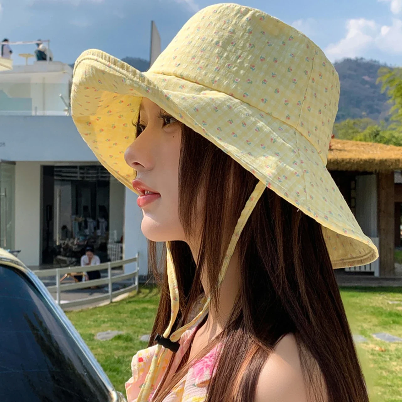 Sommerliche Fischerhüte mit Blumenmuster für Damen, große Krempe, Bucket Hat, Sonnenschutz für Outdoor und Reisen, Panama-Kappe mit Schnürung