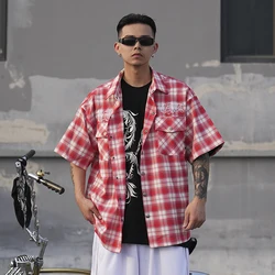 Color Match Patchwork Plaid Short Sleeve Shirts for Men Y2K Lapel Streetwear Loose Casual Unisex Tops Harajuku Oversized Shirt