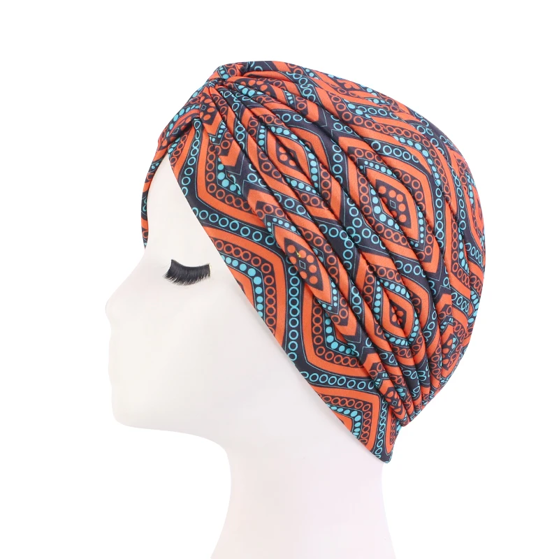 New African Print Flower Knotted Turban Cancer Ruffle Chemo Hat Beanie Scarf Head Wrap Knitted Cap Hair Loss Accessories