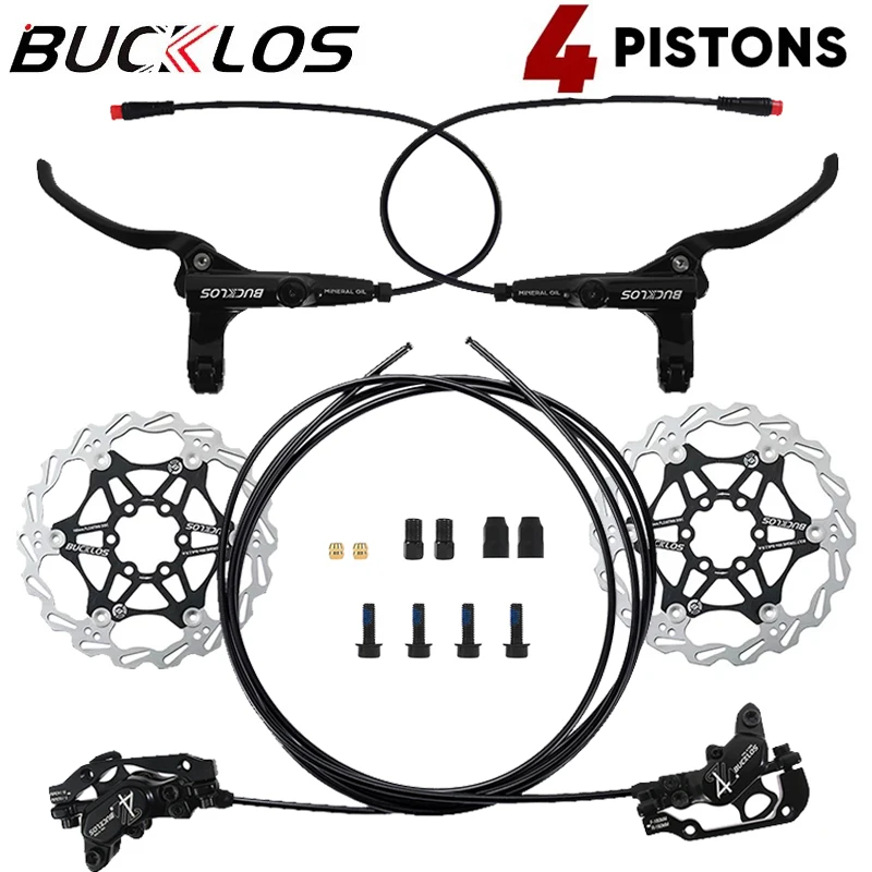 

BUCKLOS E-Bike Hydraulic Disc Brake Set 4 Piston Power Off Electric Bicycle Scooter Hydraulic Brakes MTB Oil Pipe 1150/1950mm