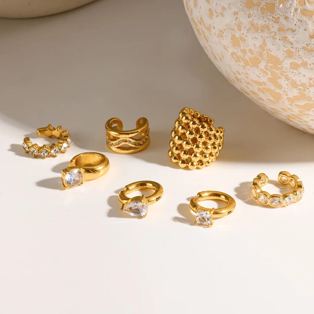 New 18K Gold Color Stainless Steel Zircon Ear Clip for Women Unique Fashion Trendy Waterproof Metal Accessory Gift