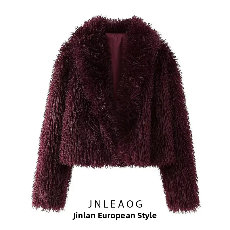 Faionable ort Fur Jaet Women's Autumn New Sle Wine Red All-Match Design Polyester Fiber Long Sve Ladies Coat