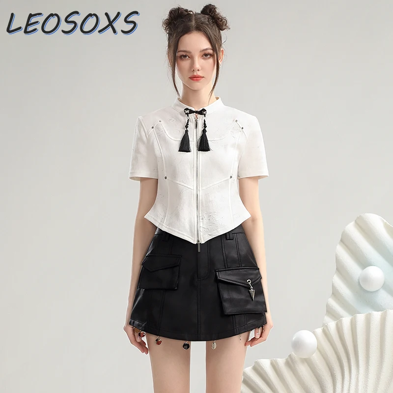 New Chinese Style Elegant Short Sleeve Top Skirt Sets Women Summer Tassel Buckle Short T-shirt Irregular Black Pocket Skirt Suit