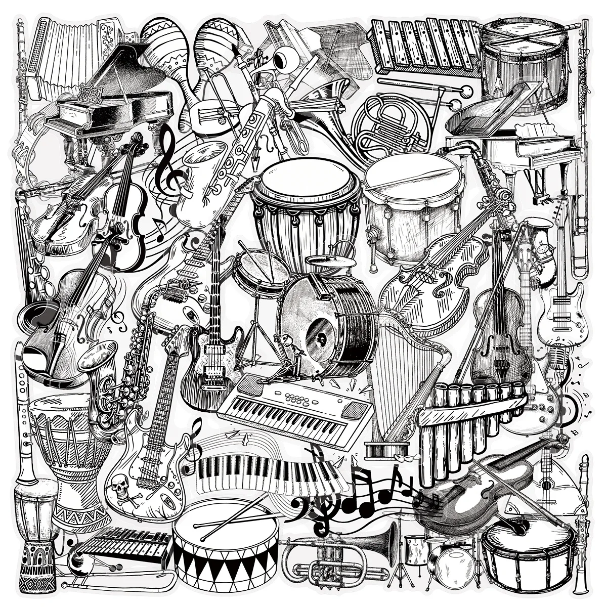 50Pcs New Musical Instruments Graffiti Stickers Guitar Drum Piano Decoration Black White Style Transparent Decals Kids Toys