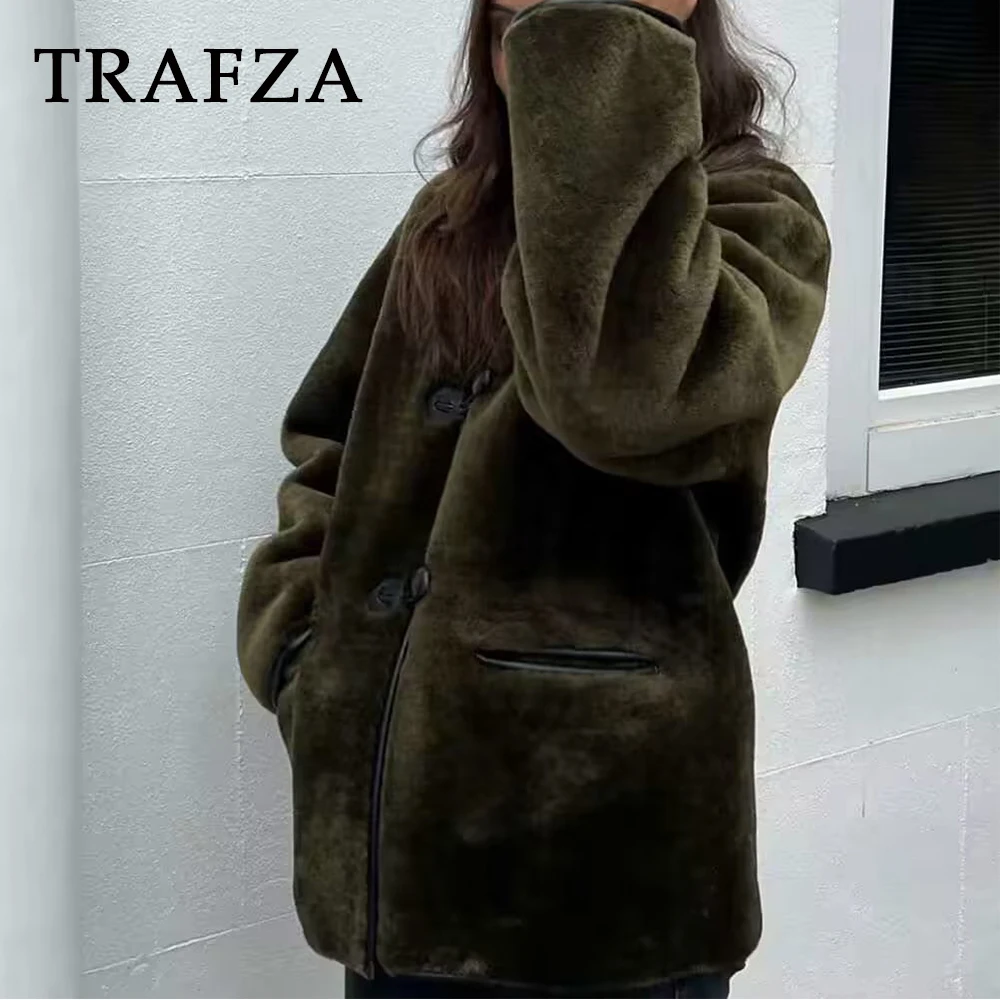 

TRAFZA 2023 Autumn Winter Lambhair Women Vintage Green Coats Loose Fit O-Neck Coats Single Breasted Elegant Fashion Women Coats