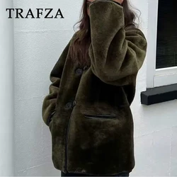 TRAFZA 2023 Autumn Winter Lambhair Women Vintage Green Coats Loose Fit O-Neck Coats Single Breasted Elegant Fashion Women Coats