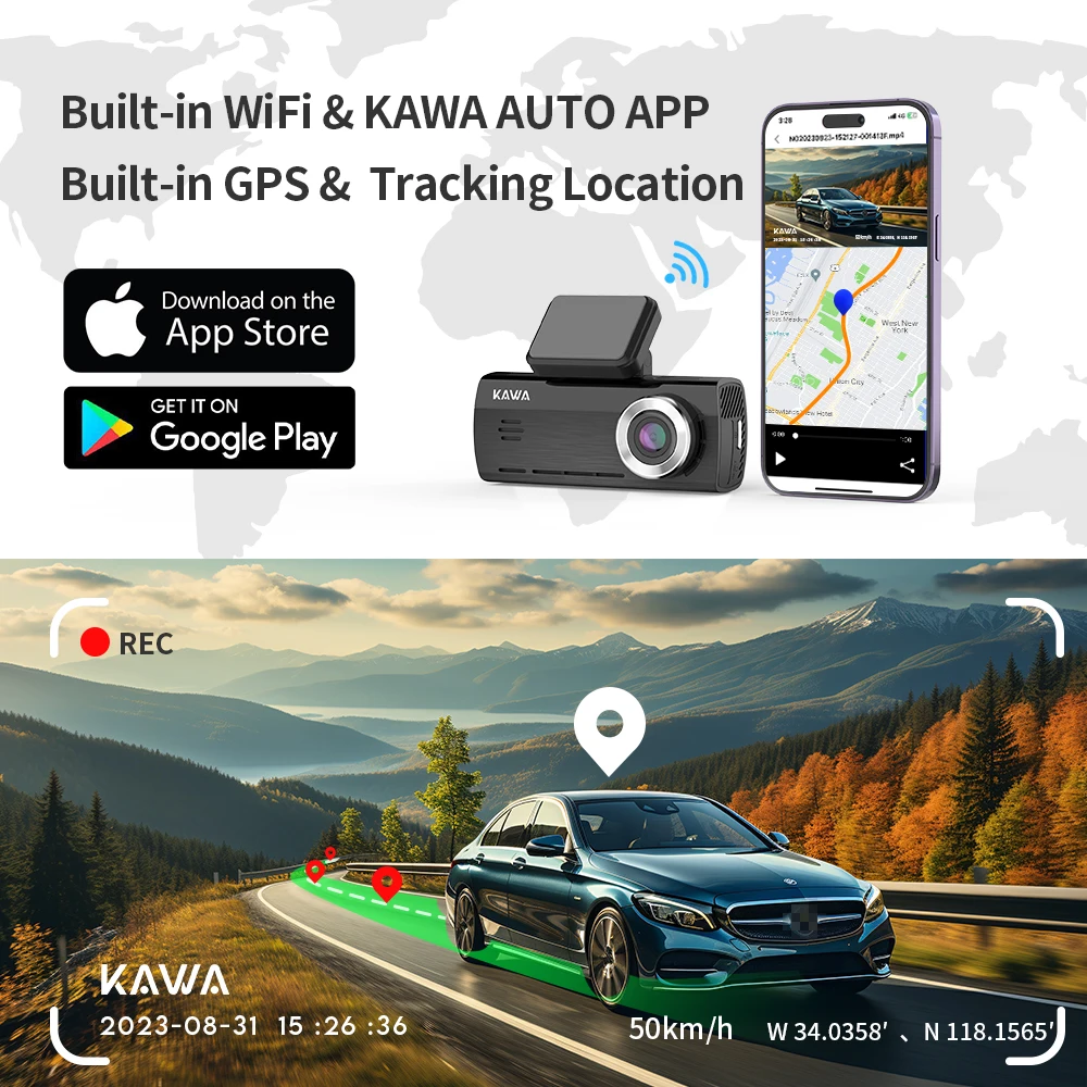 KAWA Dash Camera for Cars 4K Dash Cam Front and Rear DVR Video Recorder Sony IMX415 Voice Control GPS WiFi  Dashcam D8