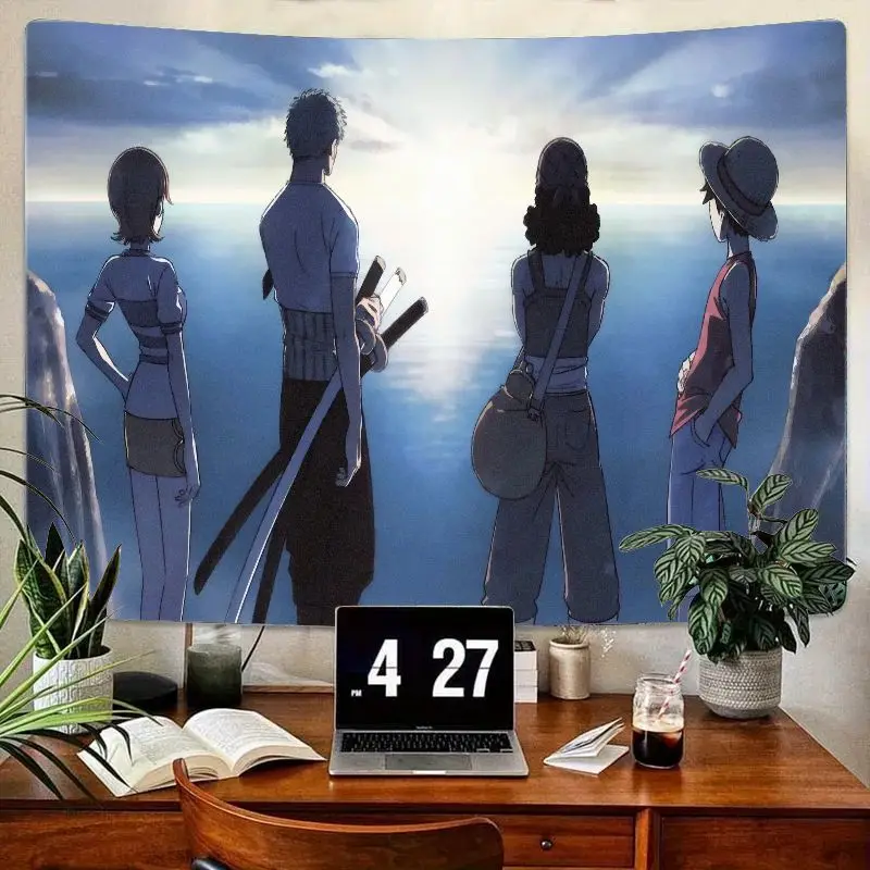 

1 шт. аниме-гобелен с 4 персонажами «Назад к просмотр», светящийся океанский горизонт, деревянный декор стола, настенное искусство для спальни, гостиной