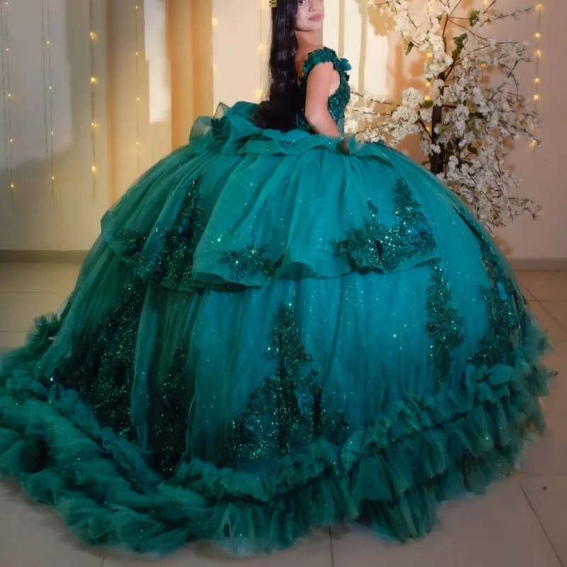 Dark green Glitter Quinceanera Dresses Off Shoulder Ball Gown Sweet 16 Dress Applique Flower Beading Bow Tull Corset Party Birth