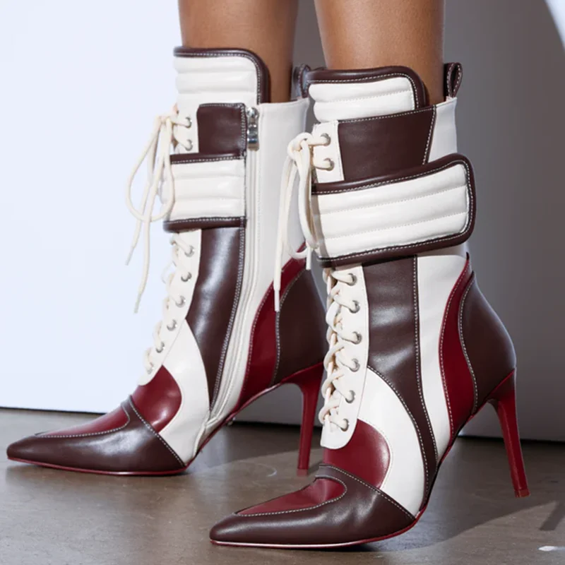 

Лоскутные ботильоны на высоком каблуке с перекрестной завязкой, пикантные ботильоны с круглым носком, смешанные цвета, новые модные женские современные ботинки