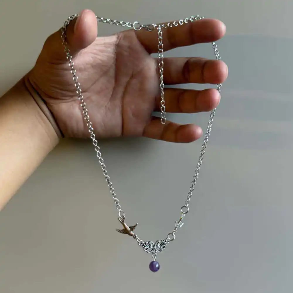 Vintage Bird Necklace, Engraved, Purple Stones, Victoria, Animal, Love, Hollow, Mystical, Magical, Choker For Women Man
