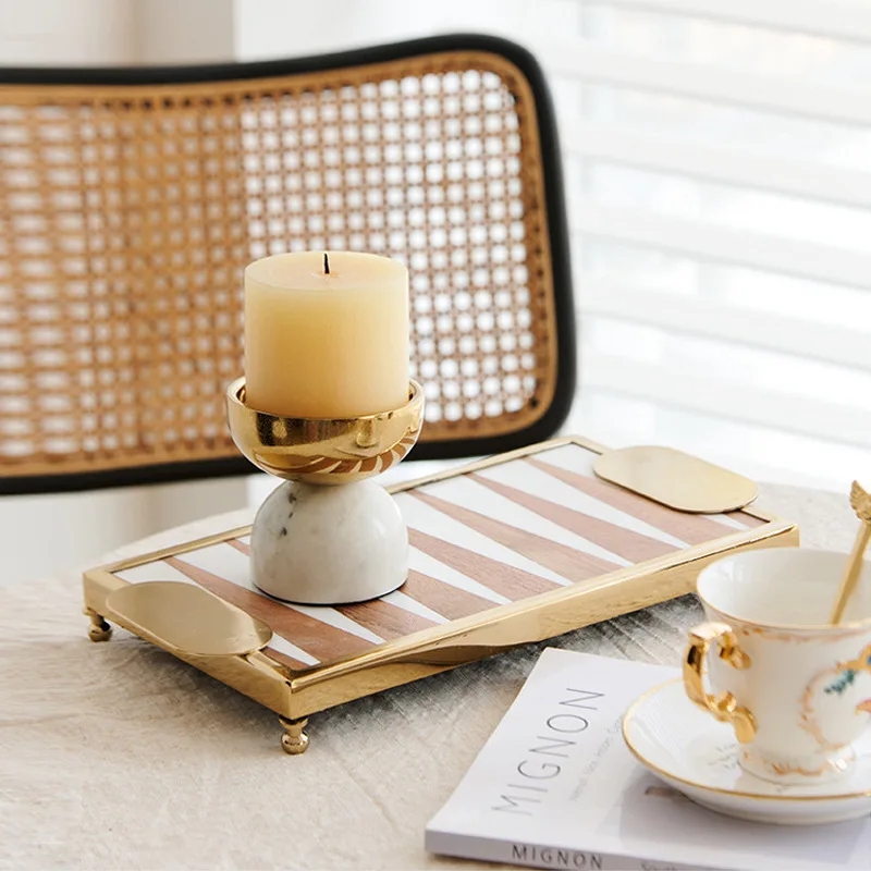 Gold silver stainless steel marble combined with candlestick ornament,  desktop decoration living room decoration