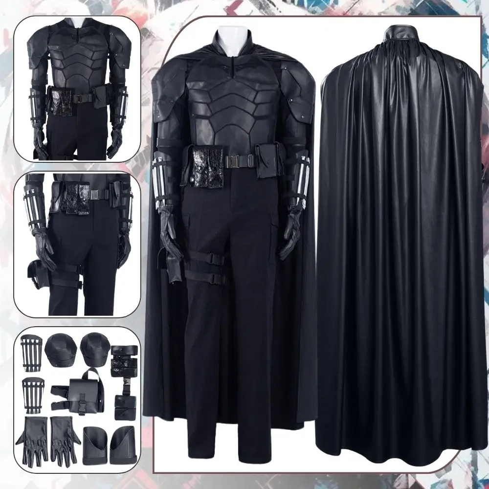 Bat Men Cosplay Fantasy Costume Bruce Disguise for Adult Man Leather Jacket Pants Cloak Bat Superhero Role Play Halloween Suit