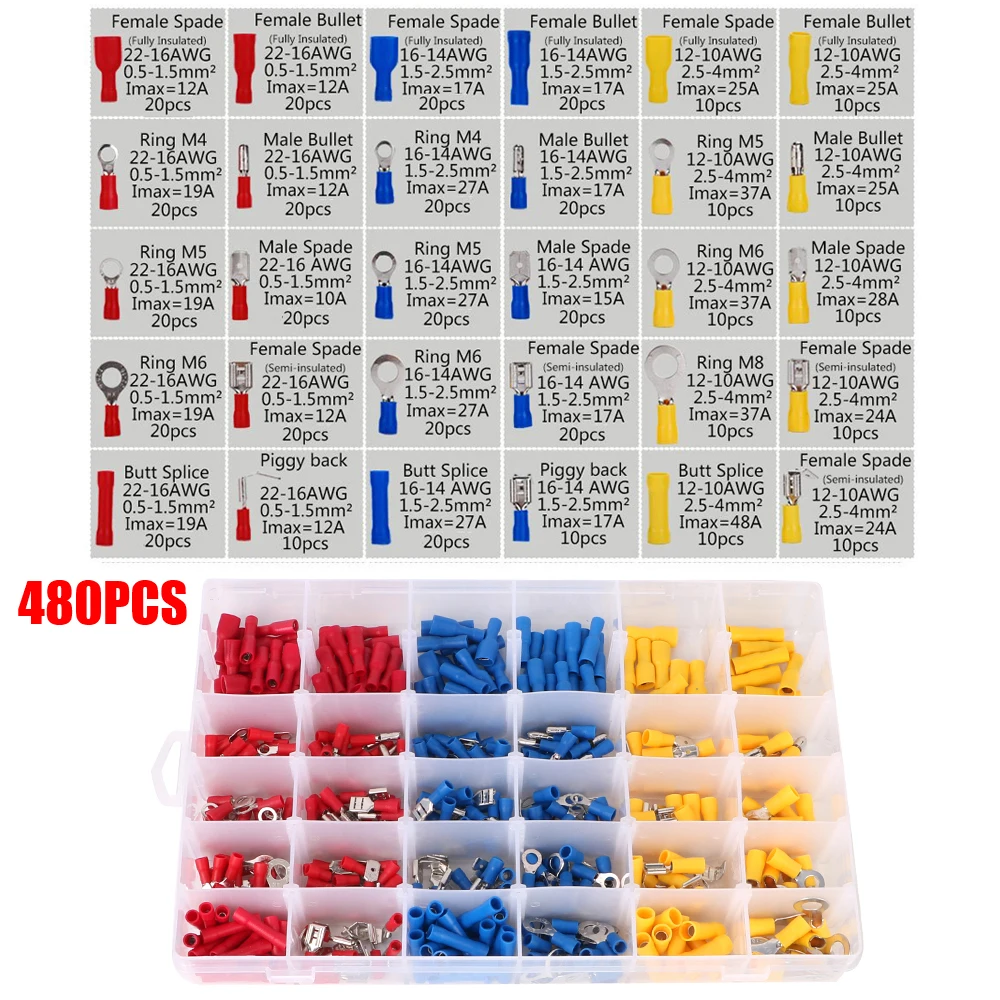 Insulated Cable Connector Electrical Wire Crimp Spade Butt Ring Lugs Fork Set Assorted Kit 280/480PCS Rolled Terminals